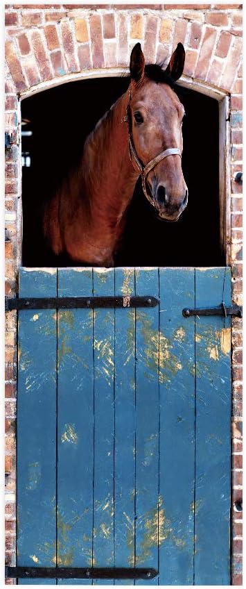 3D Horse Door Stickers - Peel & Stick - Waterproof & Washable - Rustic Brown Animal Print - Matte Finish - Door & Wall - 37.4" x 84.6"