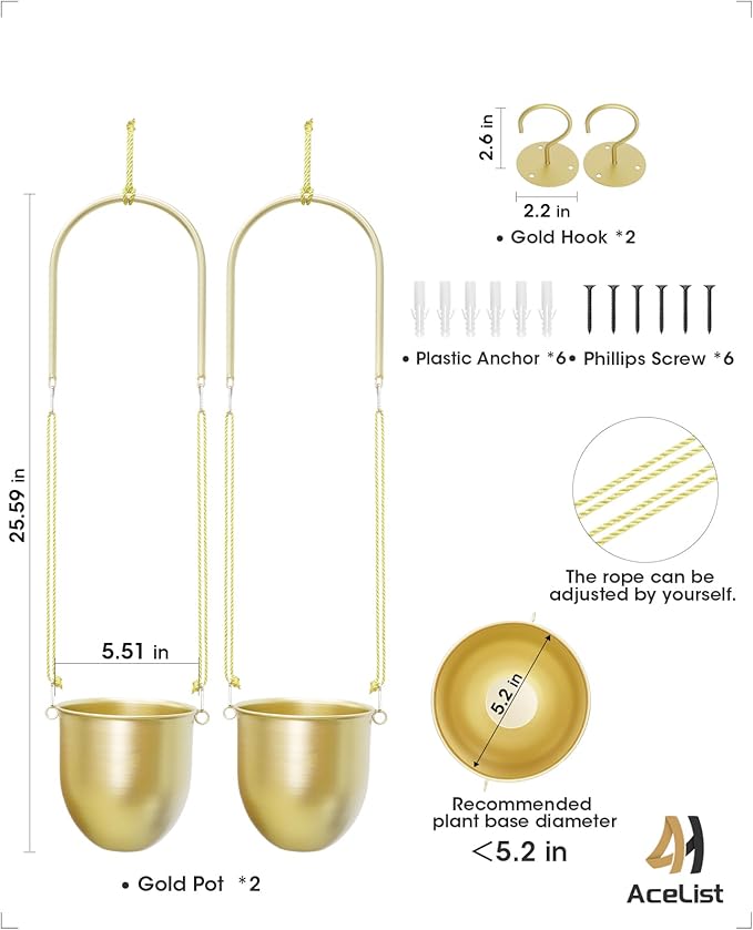 AceList Gold Hanging Planter Set of 2-5.51 Inch Hanging Planters for Indoor Plants, Home, Balcony, Garden, and Patio - Window Hanging Planters with Hemp Rope