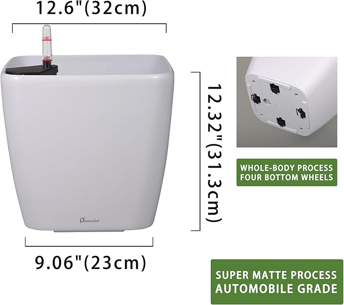 Dexceder 13x12 Self Watering Planter with Wheels Indoor Outdoor, Inner Mat Design, Thickened Large Floor Standing Flower Plant Pot with Water Level Indicator (White Matte)