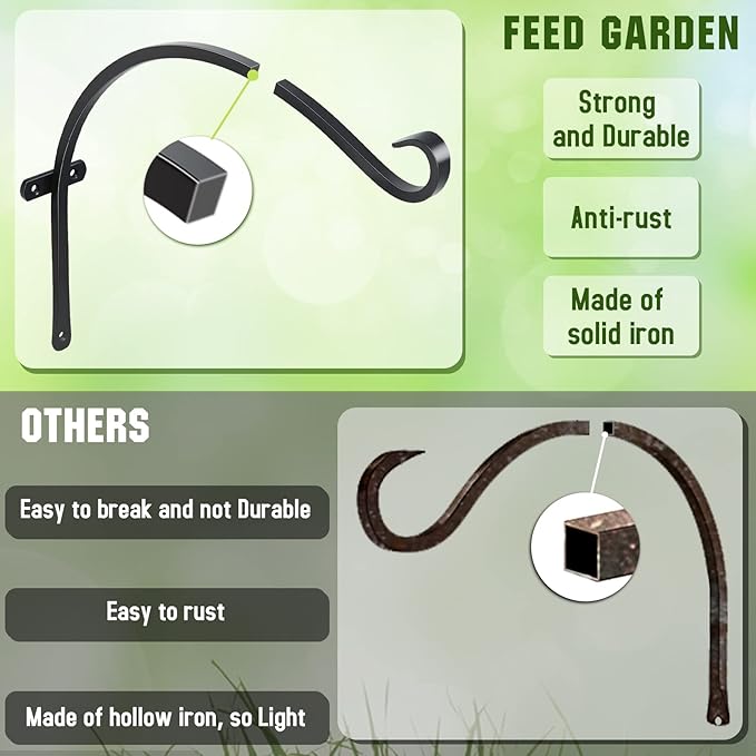 FEED GARDEN 18 Inch 2 Pack Outdoor Hanging Plant Bracket for Bird Feeders, Wind Chimes, Lanterns, Heavy Duty Metal Iron Wall Hooks with 6 Screws