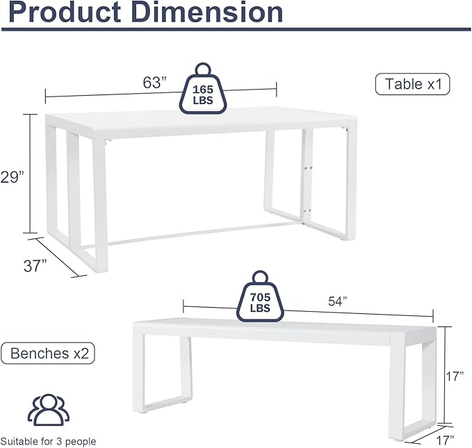 Aoodor 3-Piece Outdoor Patio Dining Set, Aluminum Furniture Set with 1 Rectangular Picnic Table and 2 Benches for Garden, Lawn, Yard