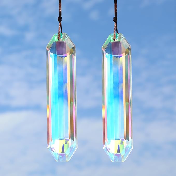 2 Pack 5" Large Crystal Sun Catchers, HYBEADS Hanging Ornaments for Windows Retangle Prism Suncatchers for Garden Home Decor Office Living Room Windows Crystal Rainbow Maker