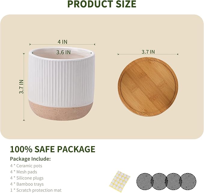 AOMRYOM 4 Inch Small Ceramic Plant Pots with Drainage Hole and Saucer, Modern Flower Planter for Succulent, Indoor Plants, Cactus, Herbs, White, Set of 4 (Plant Not Included)