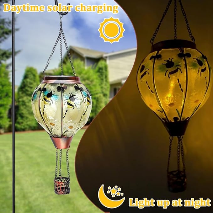 2PCS Solar Hot Air Balloon Lanterns with Flame with Shepherd's Hooks, Glass Hanging Flickering Lights Outdoor Waterproof for Garden Tree Yard Patio Mother's Day Gift, 18" H Bee