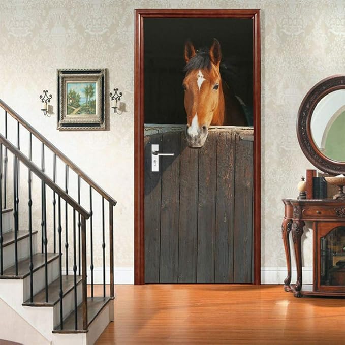 Horse 3D Door Stickers Murals - Peel & Stick - Waterproof & Washable - Matt Finish - Rustic Style - Animal Print - Rectangular - 33.9" x 78.7" - 2 Pieces