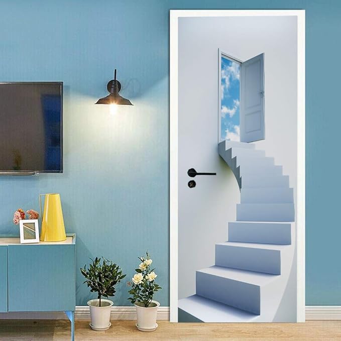3D Door Stickers - Stairs - Door Wallpaper - Self-Adhesive - Removable - PVC - Waterproof - Matt Finish - Modern - White - 31.5" x 78.7"