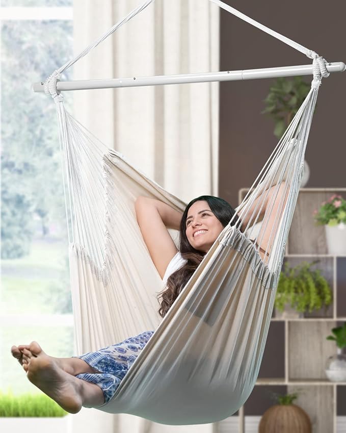ADVOKAIR Hammock Chair Hanging Chair Rope Swing XXL - Max 500lbs, 70in Large Hammock Swing Chair -Portable Steel Spreader Bar with Anti-Slip Rings-Roomy & Strong
