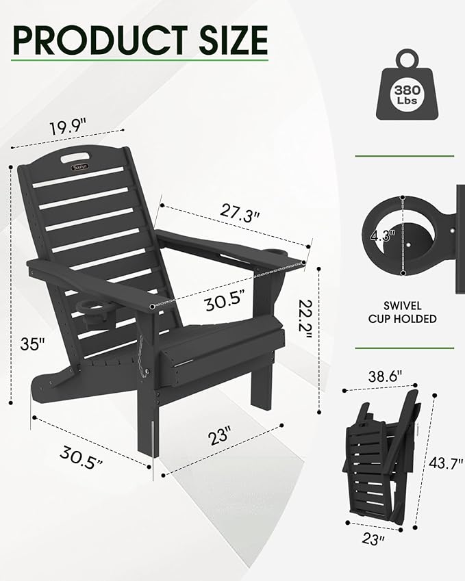 Adirondack Chairs Set of 2, Outdoor Fire Pit Chairs, HDPE All-Weather Adirondack Chairs with Cup Holder, Lawn Chair for Deck, Patio, Garden (Black)