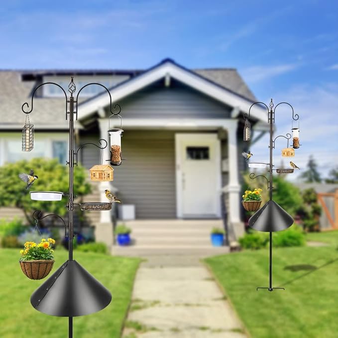Deluxe Bird Feeding Station Kit - Wild Bird Feeder Hanging Pole With Multi Feeder, Suet Cage, Planter Hanger, and Squirrel Guard Baffle for Attracting Birds