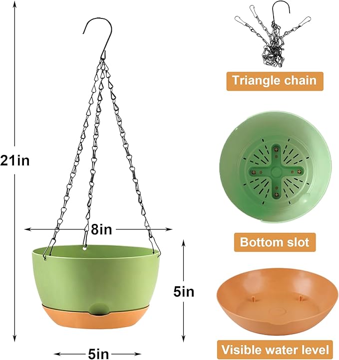 4 Pack Plastic Hanging planters for Indoor Plants,8 Inch Plant Pot Indoor Outdoor Hanging Baskets,Hanging Flower Pots with Drainage Holes and Chain for Garden Porch Plants (Green)