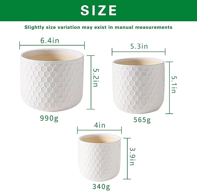 Docrin Ceramic Plant Pots Indoor: 6.5+5.3+4 Inch Planters with Drainage Holes for Home/Office - Set of 3 / White Honeycomb