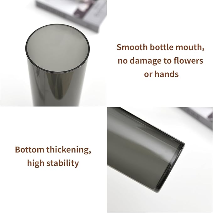 Flower Vase, Non-breakable Vases, 4" W x 10" H, Acrylic Grey Vase, Aesthetic Room Decor Cylindrical Modern Flower Vases for Table Centerpiece, Home Decor, Women Floral Arrangement Gift