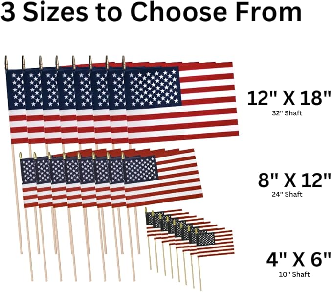 American Flags on Stick - Handheld Spearhead US Flag for 4th of July, Memorial Day Event Decorations - Patriotic Decor for Indoors & Yard - Wooden Stick, Cotton Fabric - (4"X6" - 50 Pack)