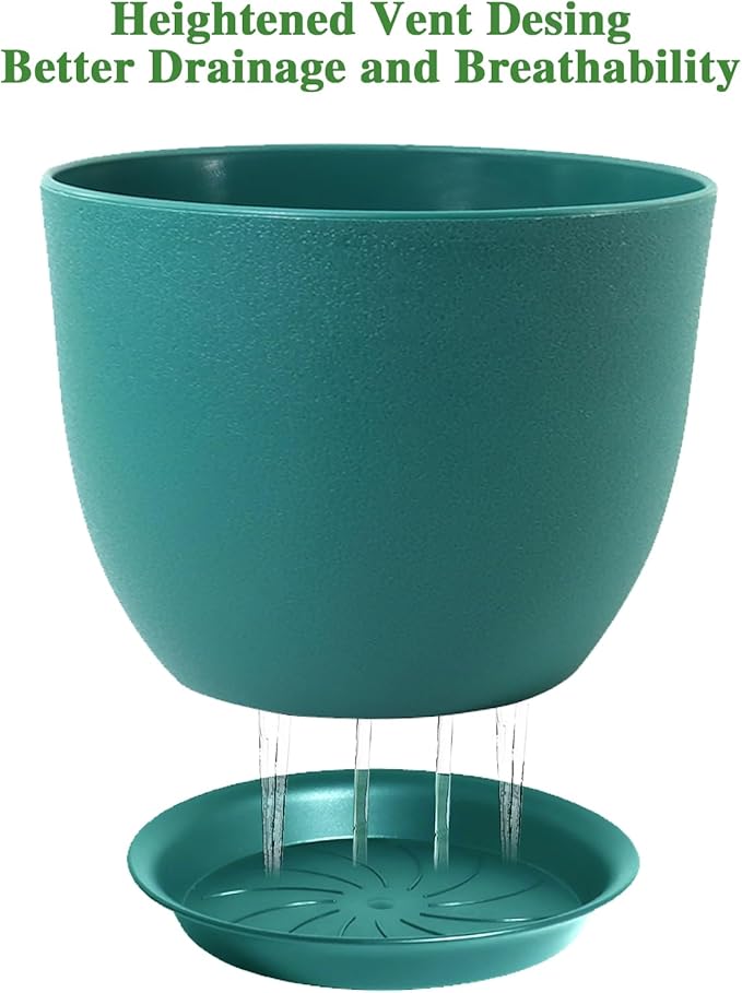 12/10/9 Large Modern Plant Pots, Plastic Planters with Drainage Holes and Saucers for Indoor Outdoor Plants Flowers, Malachite Green
