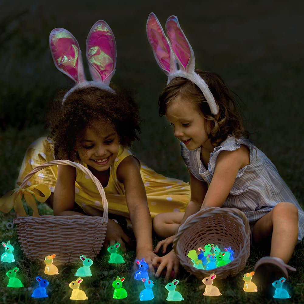 70pcs Easter Luminous Mini Resin Bunny 7 Colors Little Small Glow in The Dark Rabbit Bunny Figures for Dollhouse Micro Fairy Garden Decor Easter Egg Fillers Party Favors Supplies