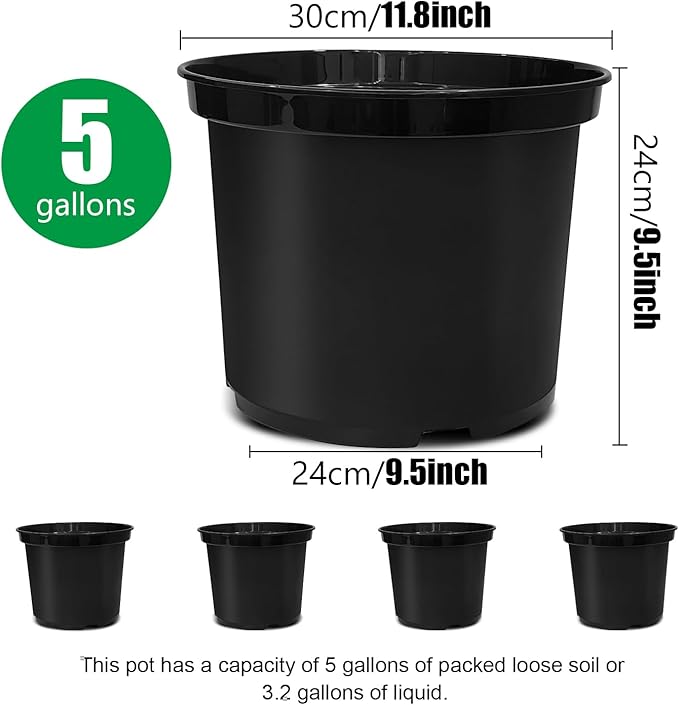 5 Gallon Pots for Plants, 12 Inch Plastic Nursery Pots with Drainage Holes, Round Sturdy Garden Pots for Outdoor Indoor Plants, Deep Nursery Plant Pots Planter, (5-Pack, Black)