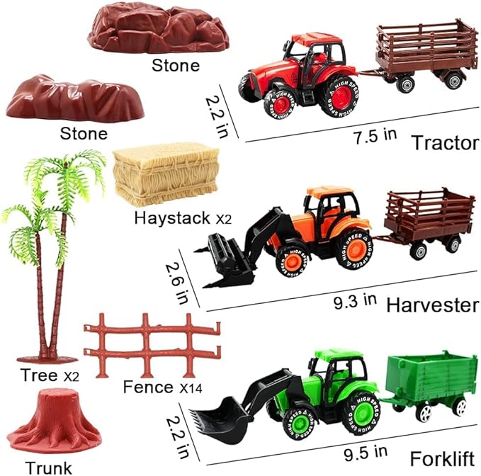 3 Pack Farm Toy Tractor with 40pcs Plastic Animals Figurines and Fence Playset, Farm Figures Farmer Vehicle Toy Truck with Trailer for 3-12 Years Old Kids Boys Girls Toddlers