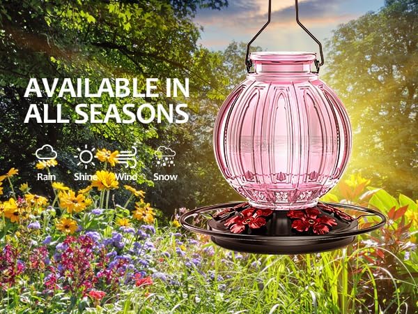 Glass Hummingbird Feeder for Outdoors Hanging, Bird Nectar Feeder with Perch & 5 Flower Feeding Ports, 26 Oz Leak Proof for Outside Garden Decor Backyard, Gifts for Women Mom, Pink