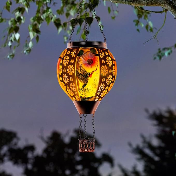 DREAMSOUL Hummingbird Hot Air Balloon Solar Lantern, Metal & Glass Flickering Flame Light Solar Lantern, Hanging Waterproof Solar Lanterns Outdoor for Garden Patio Tree Decoration Christmas Gifts