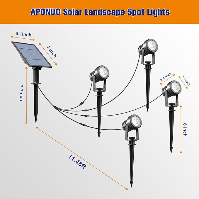 APONUO Solar Spot Lights Outdoor 4-in-1 Solar Landscape Lights Dusk to Dawn Solar Uplights IP65 Waterproof 9.8ft Cable Outdoor Spot Lights for Yard Pathway Garden Tree Decoration (Warm White)