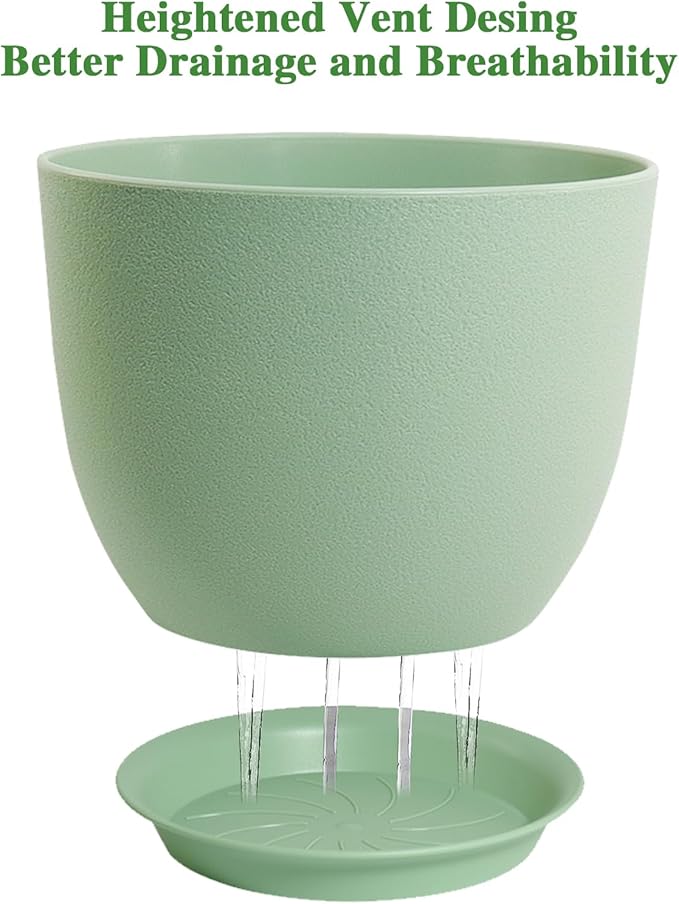12/10/9 Large Modern Plant Pots, Plastic Planters with Drainage Holes and Saucers for Indoor Outdoor Plants Flowers, Green
