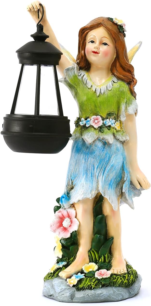 Fairy Garden Statue Solar Garden Fairy with Lantern Light Outdoor Garden Decoration Waterproof Solar Garden Sculpture for Patio Yard Lawn Gift for Mom Grandma
