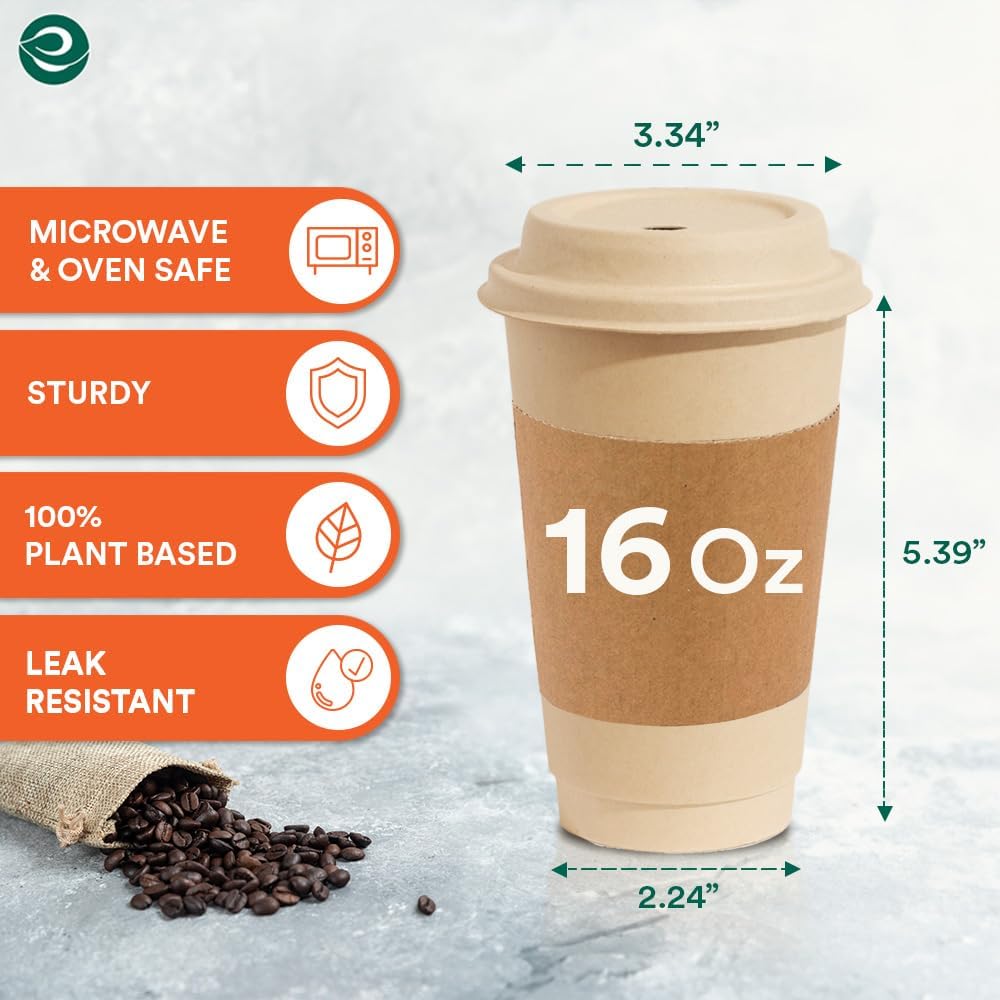 ECO SOUL 100% Compostable Coffee Cups With Lids & Sleeves - 16Oz (200 Counts) To Go Coffee Disposable Bagasse Cups |Sturdy & Eco-Friendly Cups for Cafes, Party, Office