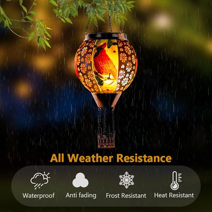 DREAMSOUL Cardinal Hot Air Balloon Solar Lantern, Metal Solar Lantern with Flickering Flame, Solar Lanterns Outdoor Waterproof for Lawn Patio Decor Christmas Gifts