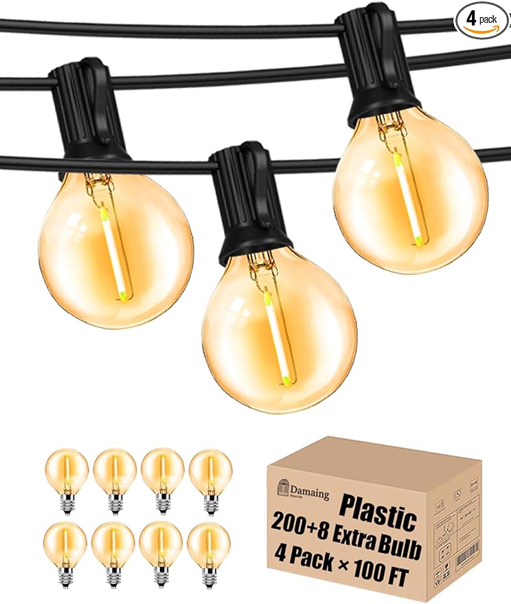 DAMAING Outdoor String Lights 400FT Patio Lights with 208 shatterproof G40 dimmable Globe LED Bulb, Waterproof connectable Outdoor Lighting for Backyard Porch Balcony gazobo, 4-Pack 100FT,Black