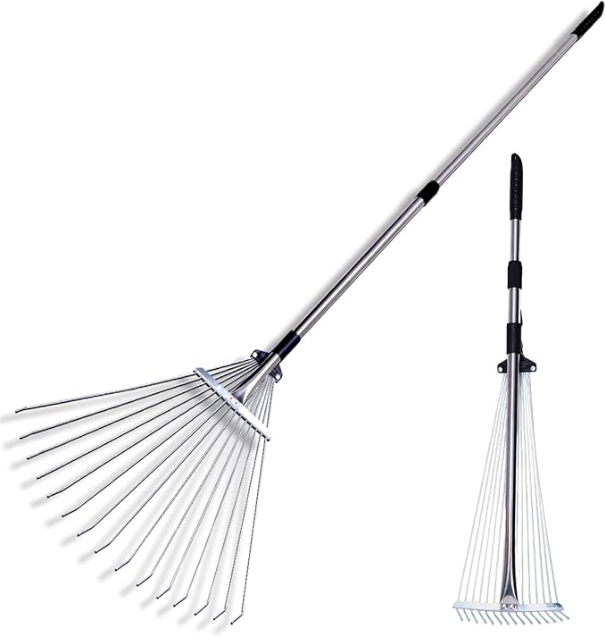 Adjustable Garden Metal Rake -32 to 63 Inch ,Hand Weed Collapsible Camping Landscape Dethatcher Rake for Leaves Shrub Yard Lawns,Leveling Yard Tool,Black