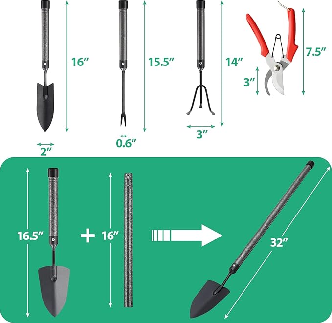 Garden Tool Set,5 Pieces Stainless Steel Heavy Duty Gardening Tool Set with Extendable Long Handle, Include Trowel, Cultivator, Hand Weeder, Pruning Shears, Gardening Gift for Women Kids Men