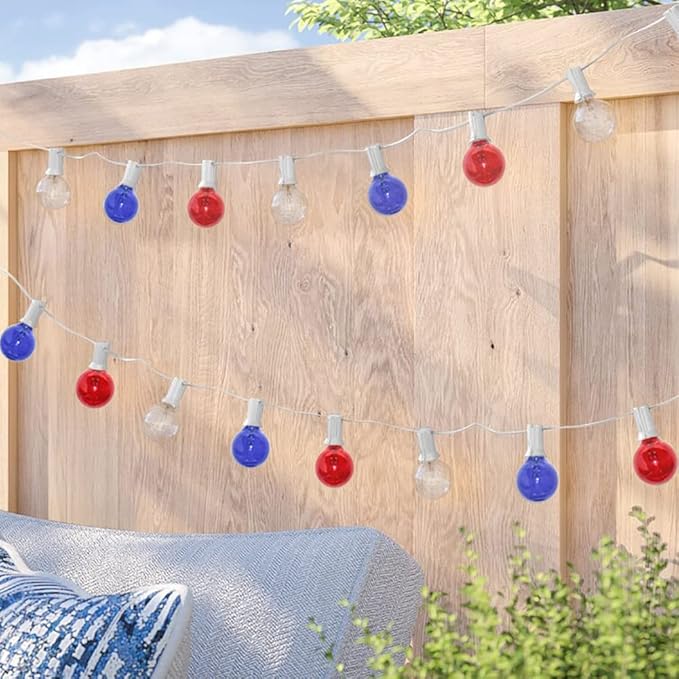4th of July Decorations String Lights, 25Ft Outdoor Patio String Lights with 27 G40 Red White and Blue Light Bulbs(2 Spare), Independence Day Lights for Patriotic Party Garden Festival Decor- White