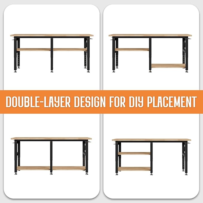 Albott 84" Adjustable 2-Tier Workbench with Solid Wood Top, Max 2000lbs Capacity, Built-in Power Strip with 4 AC Outlets & 2 USB Ports, Pegboard & 20 Hooks, Shop Garage Office