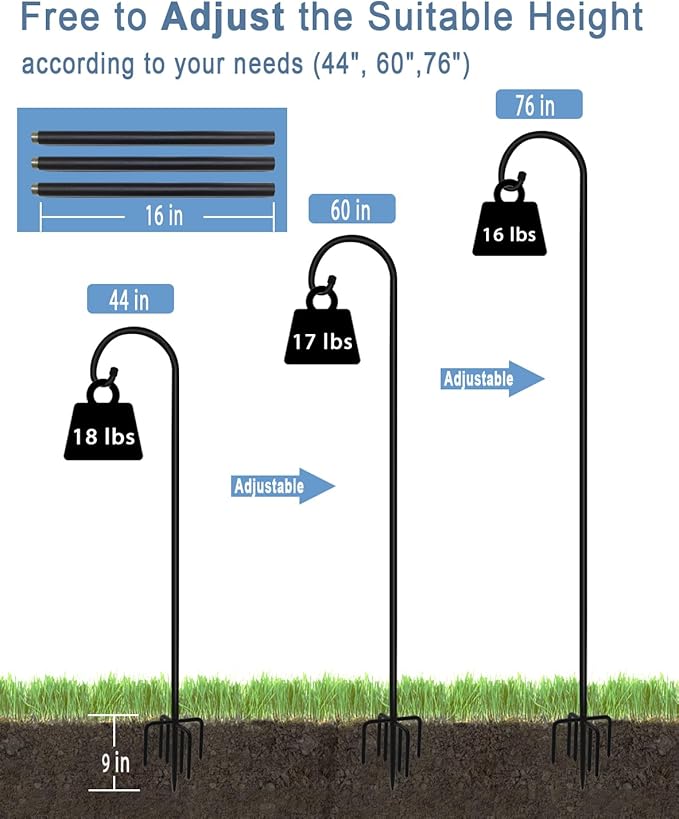76 inch Outdoor Shepherd Hook with 7 Prong Base (1 Pack), Adjustable Heavy Duty Garden Hanging Stake for Bird Feeder Solar Light Plant Hanger Wedding Decor, Matte Black
