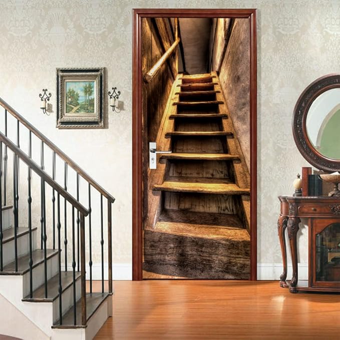 3D Door Wallpaper Self-Adhesive Door Sticker - Wooden Stairs - Door Film Poster Premium PVC Waterproof Wall Sticker for Bedroom Living Room Door Decoration Wallpaper 88 x 200 cm