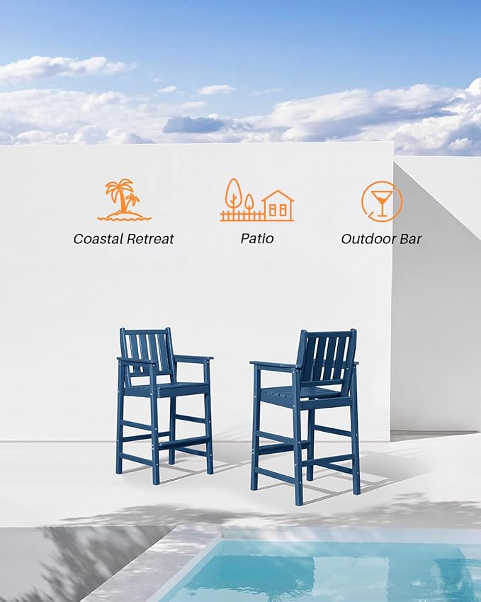 3 Pieces HDPE Outdoor Patio Bar Set, Rectangular Outdoor Bar Height Table and Chairs Set, Adirondack Patio Bar Stools Set, Outdoor Bar Table and Chairs Set for Balcony, Poolside, Porch, Navy