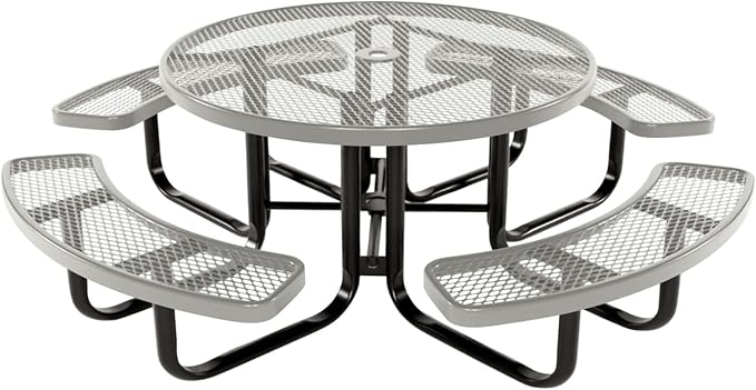 Heavy-Duty Portable Outdoor Kids Table with Umbrella Hole, Expanded Metal Kids Picnic Table, Commercial-Grade, Made in America (46 in, Round, Childrens, Textured Grey)