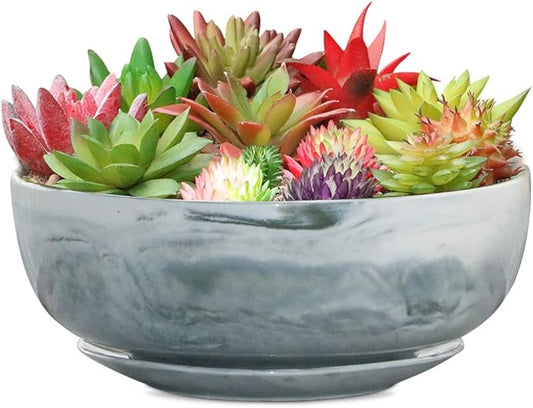 G EPGardening 8in Marble Pattern Large Round Succulent Planter Pot Modern Flower Pot Indoor and Outdoor Planter with Marble Tray