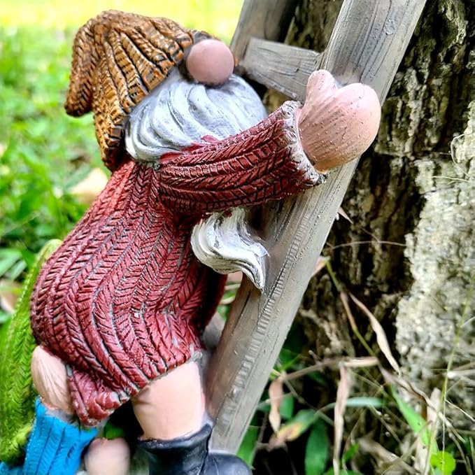 Garden Gnome Statue, Funny Climbing Ladder Gnomes Figurine Resin Sculpture Outdoor Decor for Patio Yard Lawn Porch Ornaments Gift