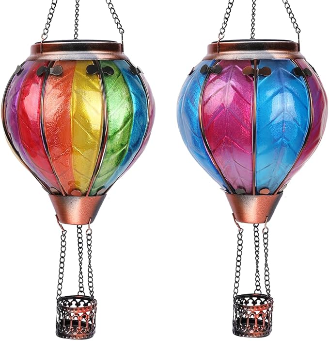 Hot Air Balloon Solar Lantern with Flickering Flame Hanging Solar Lanterns Outdoor Lights Waterproof Lanterns Decorative Garden Patio Yard Party Decor Colorful + Rose Red&Blue