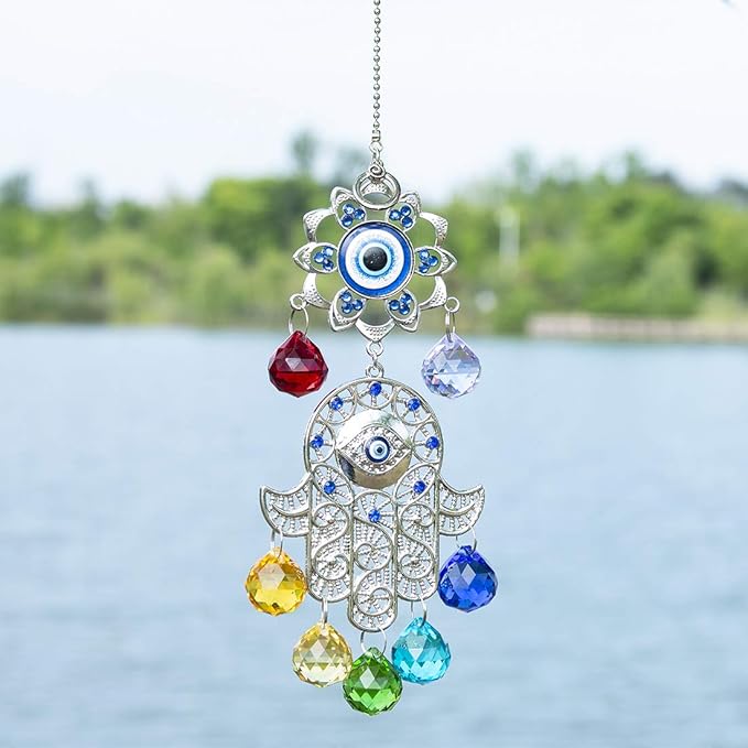 Hamsa Hand with Blue Evil Eye Protection Hanging Crystal Ornament with Chakra Energy Crystal Balls