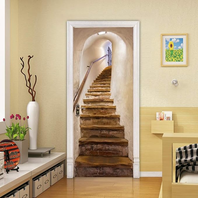 3D Door Stickers Murals - Stairs - Door Wallpaper - Self-Adhesive - Removable - PVC - Waterproof - Matt Finish - Modern - Beige