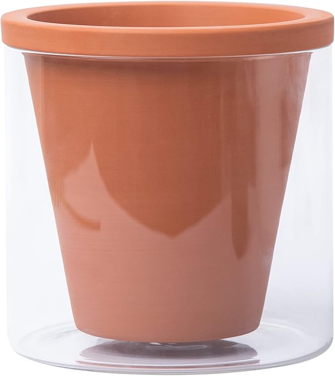 D'vine Dev 6 Inch Design Self Watering Pot for Indoor Plants, Terracotta Planter with Cylinder Glass Cup, Set of 2, 37-X-B-2