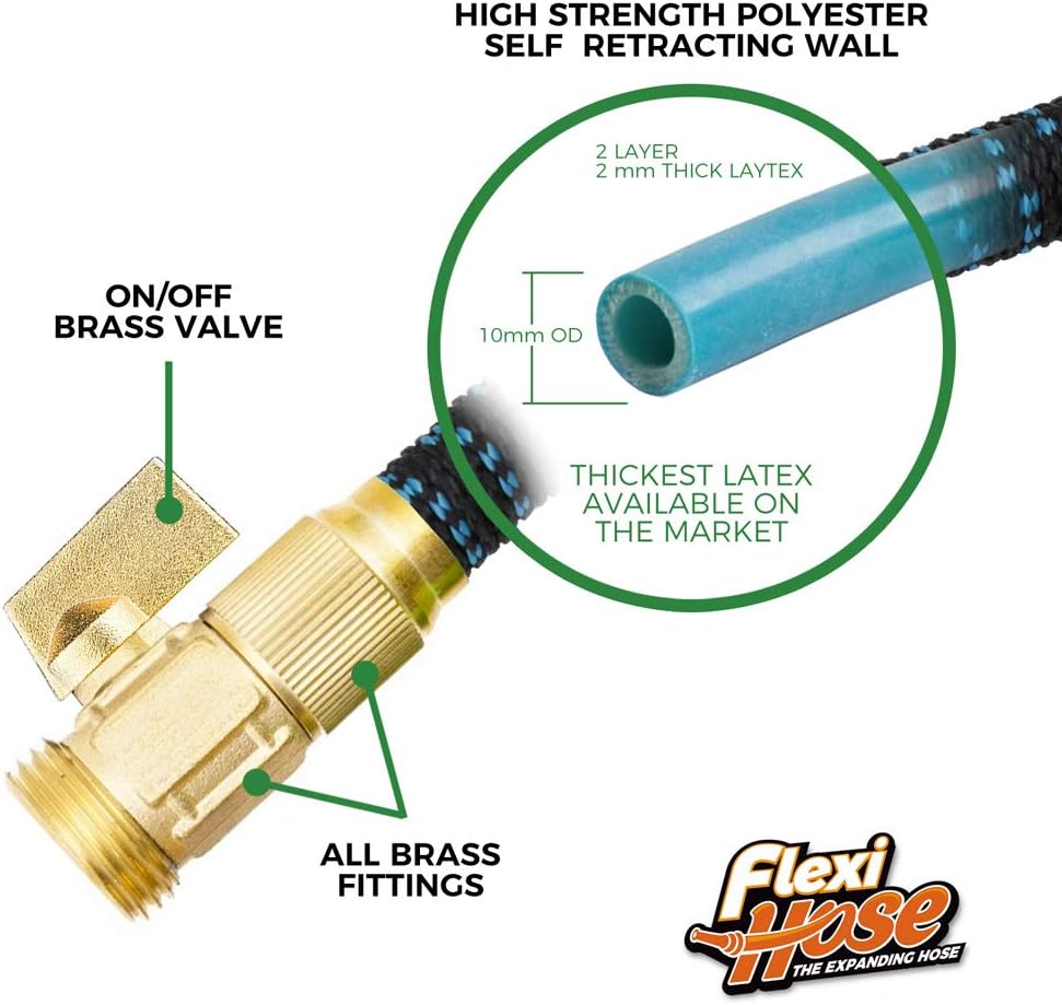 Flexi Hose with 8 Function Nozzle, 100FT - Lightweight Expandable Garden Hose, No-Kink Flexibility, 3/4 Inch Solid Brass Fittings and Double Latex Core