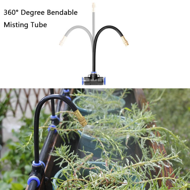 Garden Watering System, Greenhouse Mist Drip Irrigation Kit, 64.5 Ft Hanging Plant Watering System with 20 Three-Way Atomizing Nozzle and 12mm Irrigation Tubing Hose, Gold