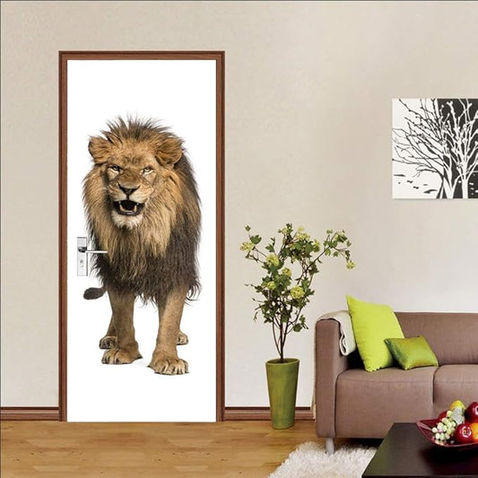3D Lion Door Stickers - Peel & Stick - Waterproof & Washable - Matt Finish - Realistic Animal Print - Adults - 31.5 x 78.7 inch - 2 PARTS