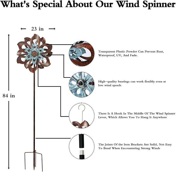 Garden Wind Spinner,Flower Wind Spinner,Outdoor Metal Wind Sculpture & Spinner Large 23 inch Dia 84 inch Height Kinetic Windmill for Garden Yard