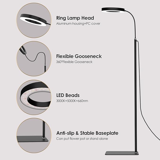 GLOWRIUM Grow Lights for Indoor Plants, 20W Full Spectrum LED Grow Light Floor Lamp with Stand Adjustable Height and Angle, Black Plant Light with 3/9/12H Grow Light Timer