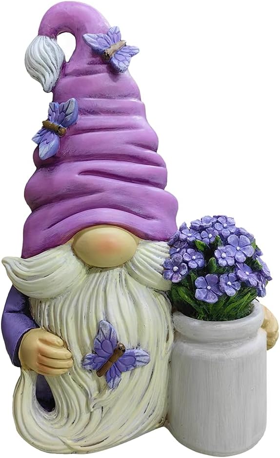 Garden Grace Lavender Gnome Figurine, 10" Purple Home Decor Statue with Butterflies and Flowers