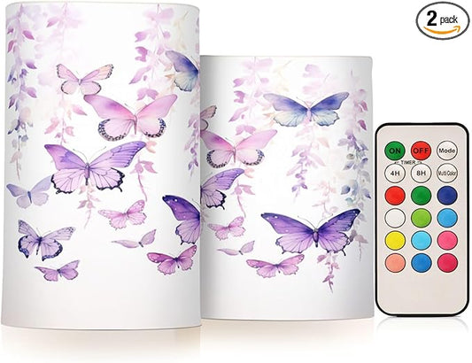 Flickering Flameless Candles, Butterflies Purple LED Candles with Remote Timer, Set of 2 Battery Operated Candle for Valentine Wedding Birthday
